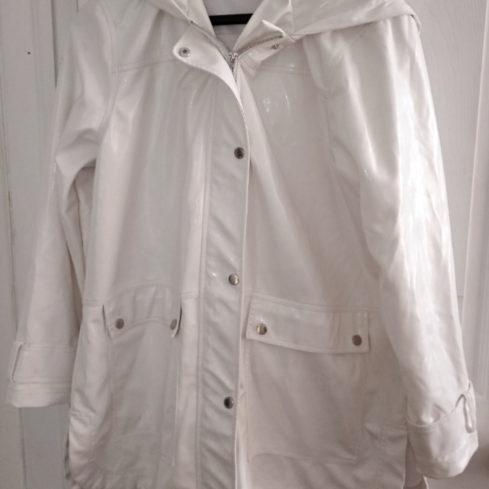 White Trench Coat with Hood and Water-Resistant Material